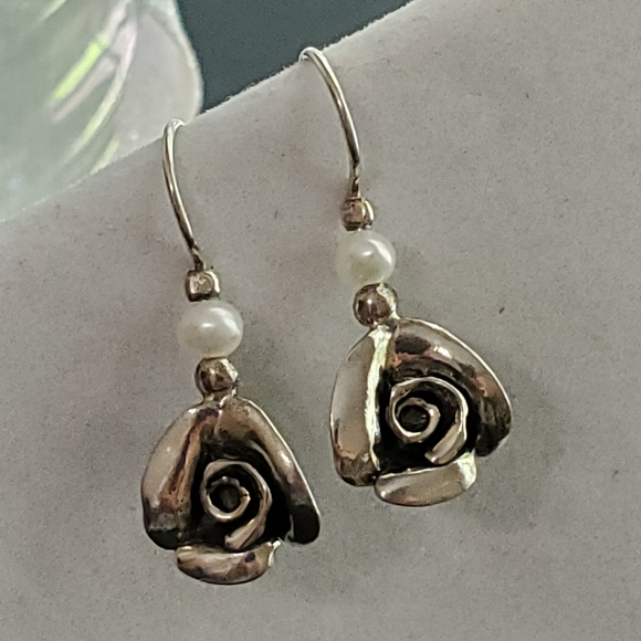 PZ ISRAEL Sterling Rose Earrings with White Cultured Pearl 1.25”L - Picture 7 of 15